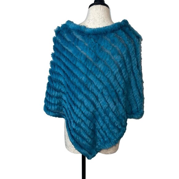 Black Rivet Womens Poncho One Size Blue Wool Rabbit Fur Knit Pullover - Picture 10 of 11